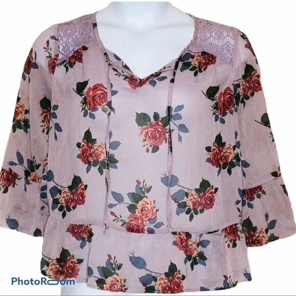 Self Esteem Floral Peplum Hem Bell Sleeve Blouse Y2K Lace Loose Fit Size Medium - Picture 5 of 9